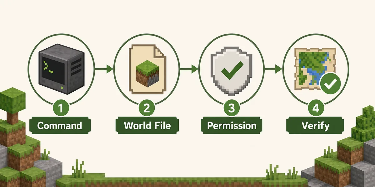 Editorial timeline showing Command, World File, Permission, and Verify steps for finding a Minecraft seed