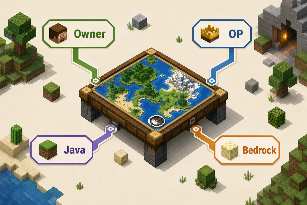 Editorial map table showing Owner, OP, Java, and Bedrock paths for finding a Minecraft seed
