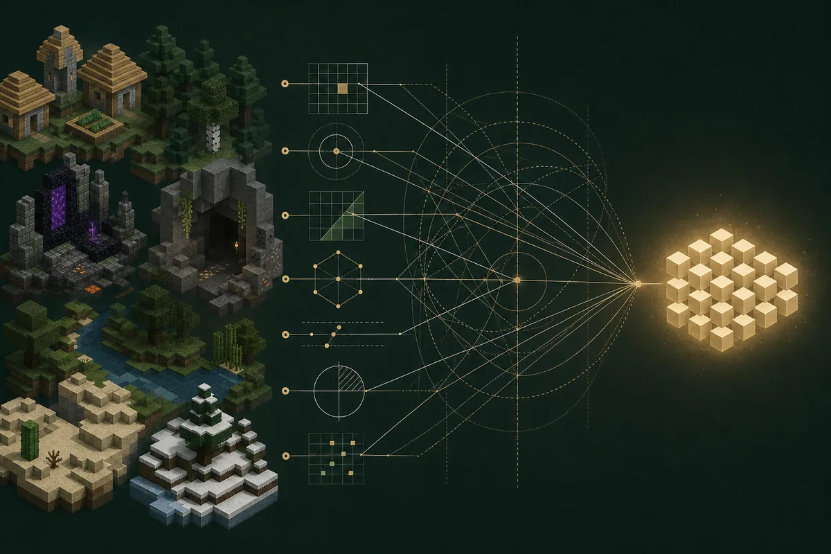 Editorial diagram showing structures and biome constraints converging into one Java world seed