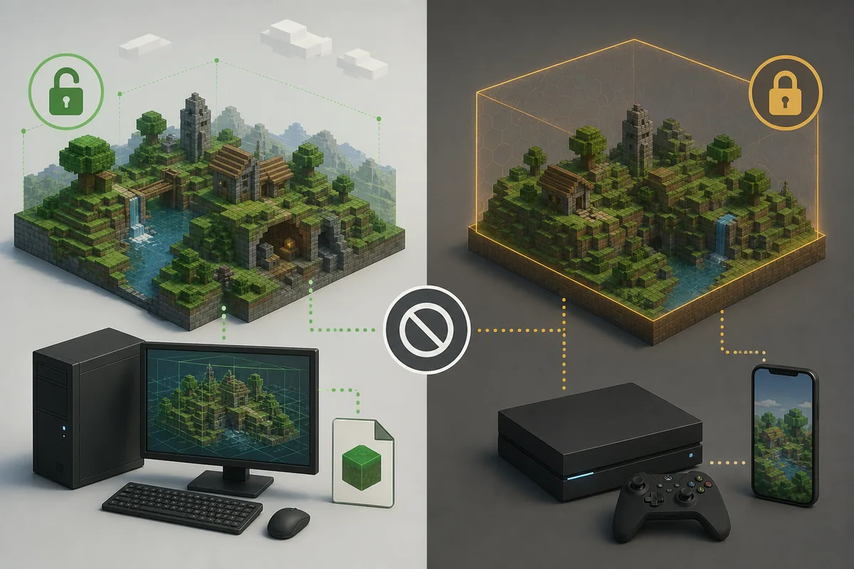 Editorial comparison of an open Java mod workflow and a separate closed Bedrock platform environment