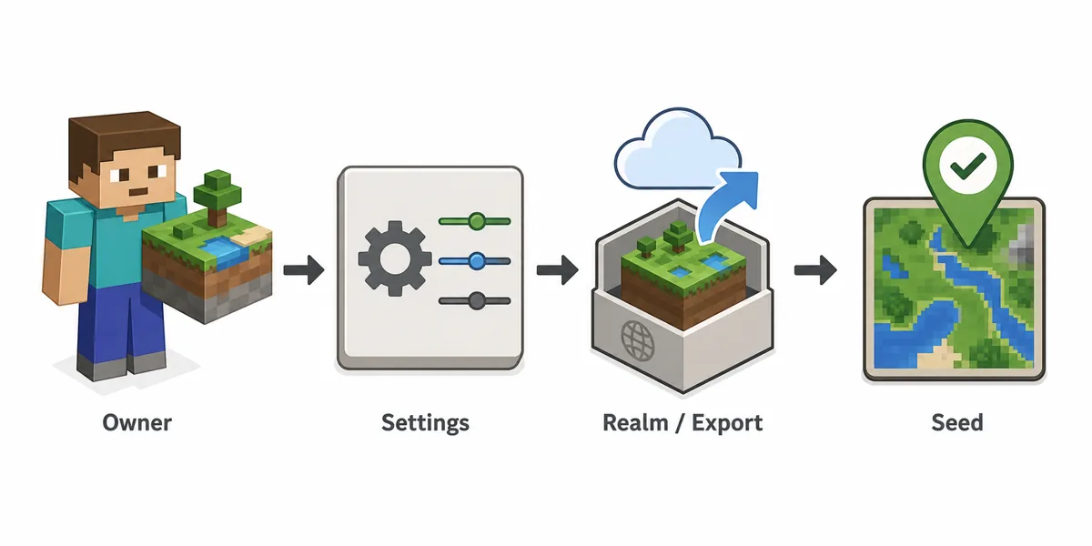 Editorial flow showing owner settings, Realm export, and seed verification for Bedrock worlds