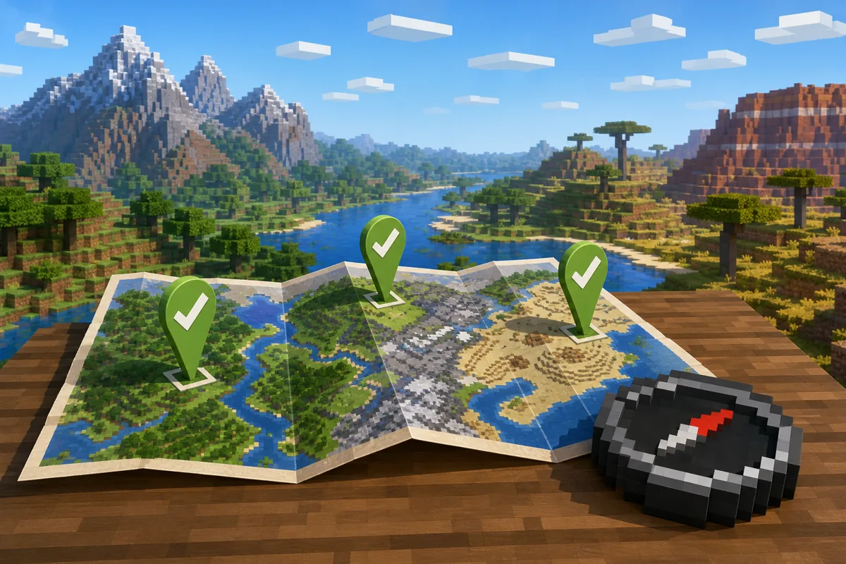 Editorial map scene with coordinate pins for checking a known Bedrock seed