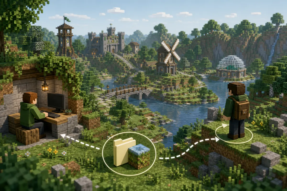 Editorial illustration of server console, world files, and observed structures as seed-finding paths