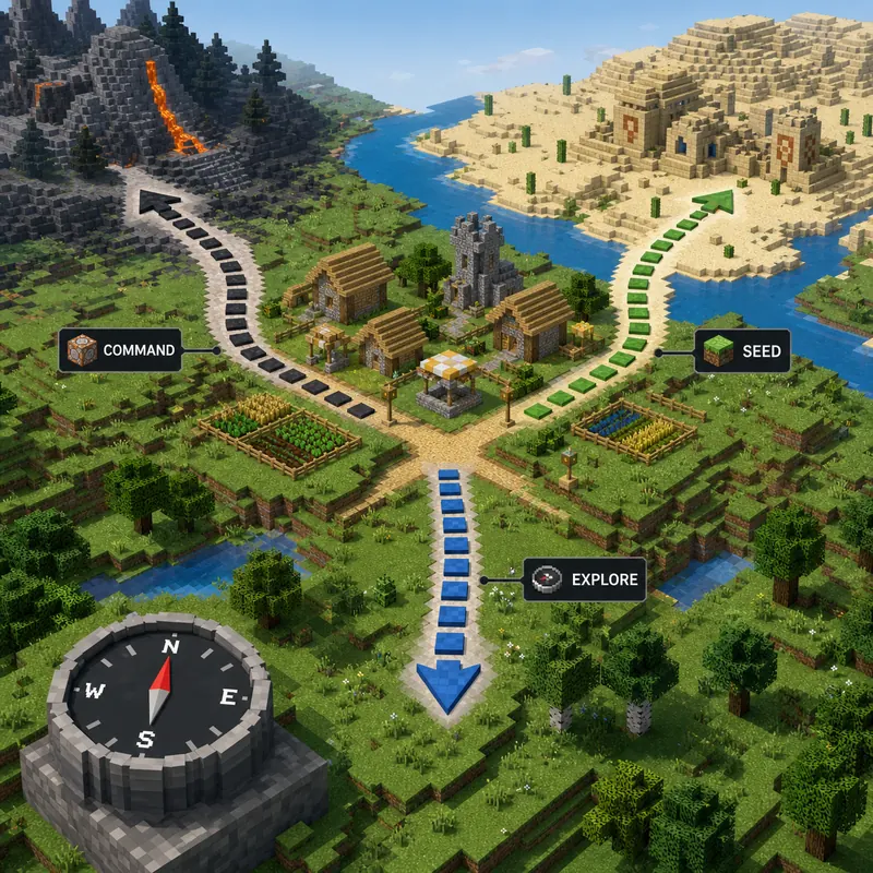 AI-generated editorial diagram showing command, known-seed, and exploration routes to a Minecraft village