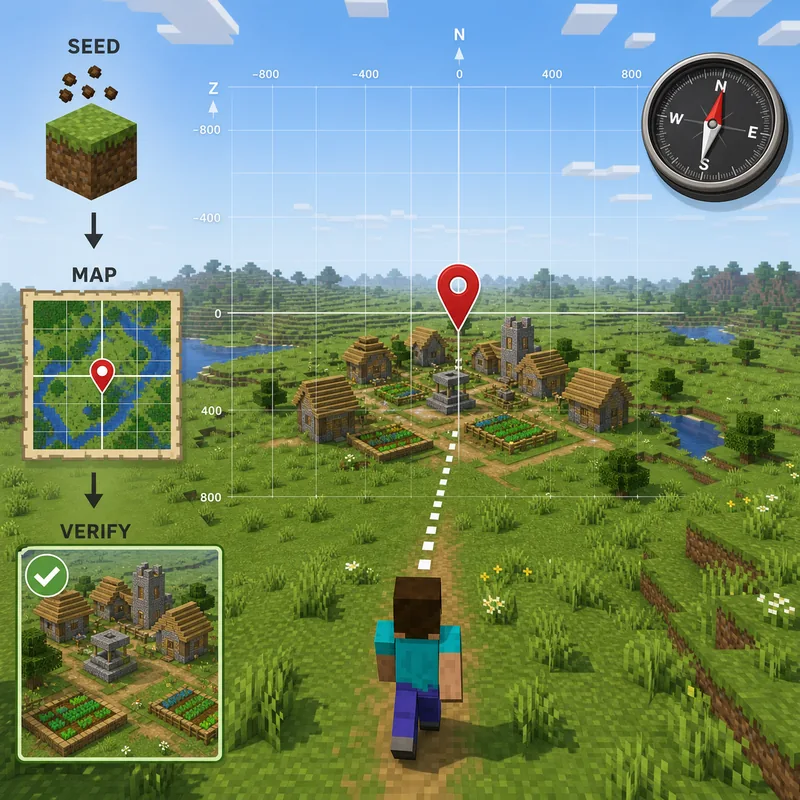 AI-generated editorial diagram showing a Minecraft seed, map grid, village coordinate, and in-game verification