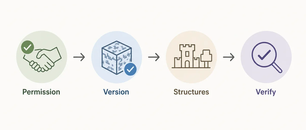 Editorial step flow for responsible Minecraft seed cracker mod use: permission, version match, structure collection, and local verification