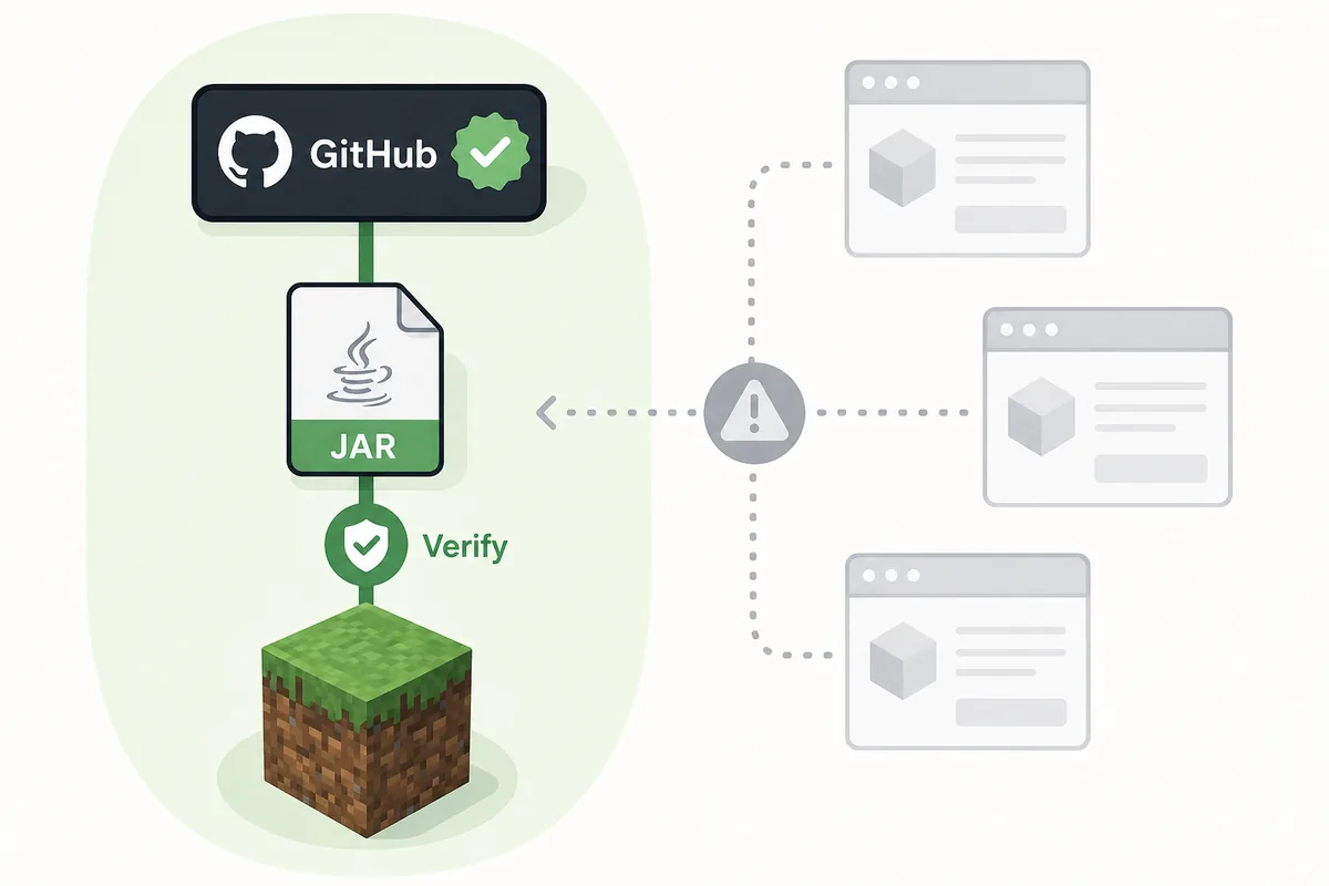 Editorial illustration of a verified GitHub JAR source separated from uncertain mirror pages for a Minecraft seed cracker mod