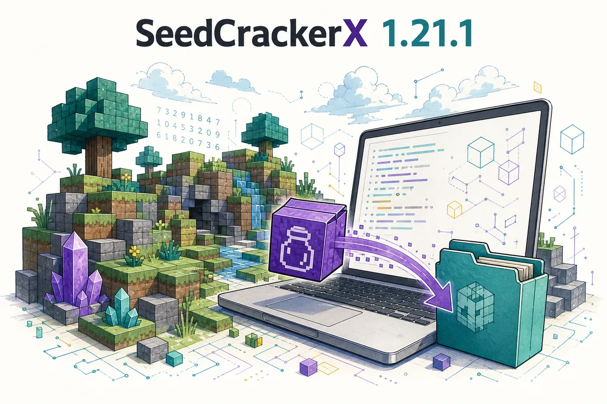 SeedCrackerX 1.21.1 editorial illustration with a mod JAR moving into a Minecraft Fabric folder