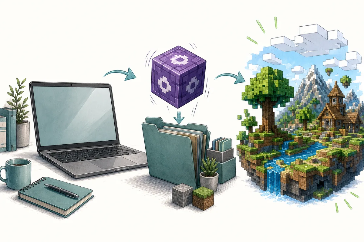 Editorial installation flow from a Fabric launcher profile through a mods folder to a block-built world