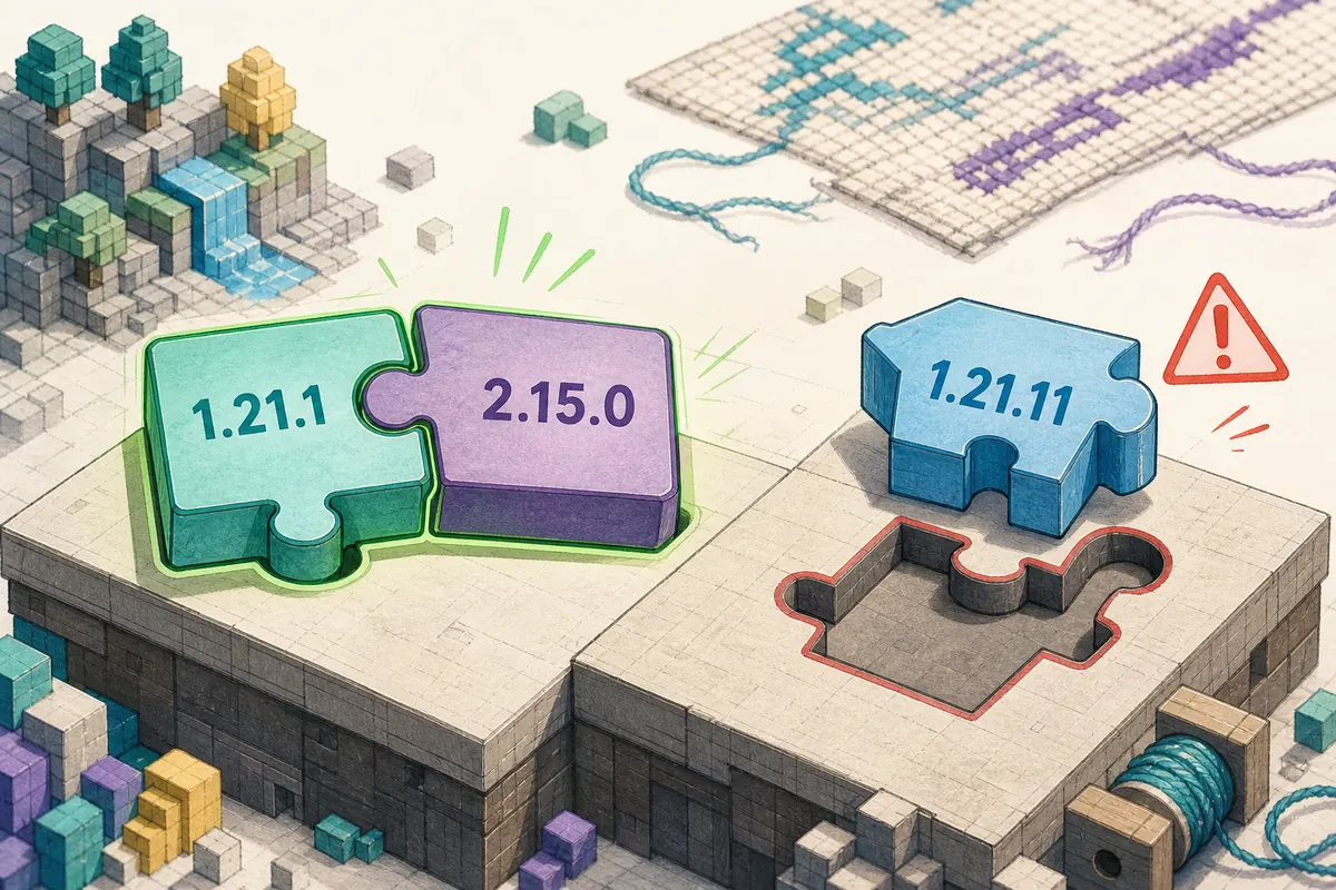 Compatibility puzzle showing Minecraft 1.21.1 matching SeedCrackerX 2.15.0 while 1.21.11 does not fit