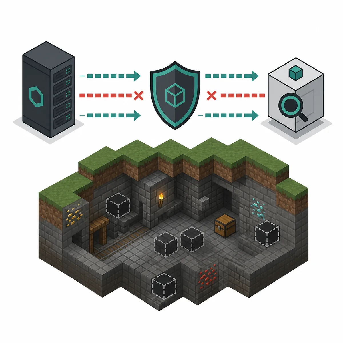 Editorial diagram showing server block updates reaching a SeedCrackerX dungeon observation before a second inspection