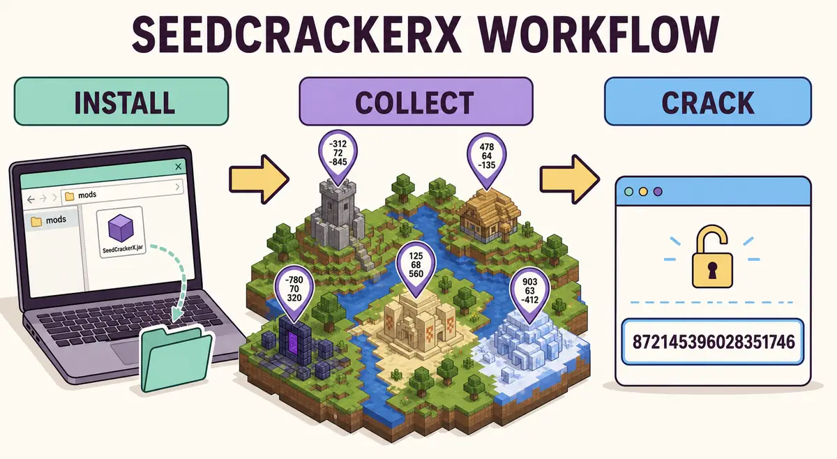 Illustrated SeedCrackerX workflow showing a Fabric mods folder, structure coordinates, and a recovered numeric world seed