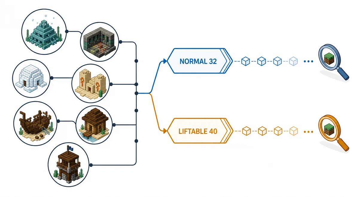 Conceptual diagram showing normal 32 and liftable 40 SeedCrackerX structure-data routes