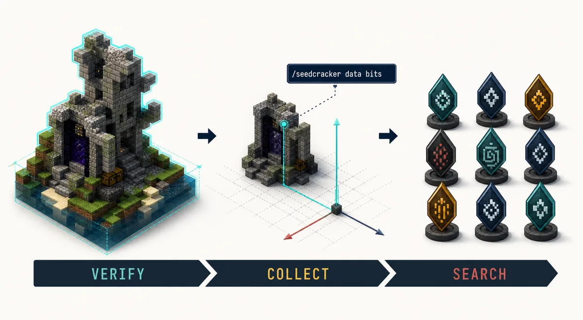 Conceptual workflow illustration showing a detected structure, the SeedCrackerX data bits command, and verify collect search steps