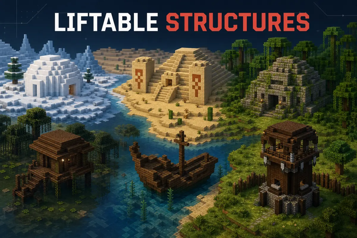 Conceptual editorial illustration of an igloo, pyramid, jungle temple, swamp hut, shipwreck, and pillager outpost used as SeedCrackerX liftable structure examples