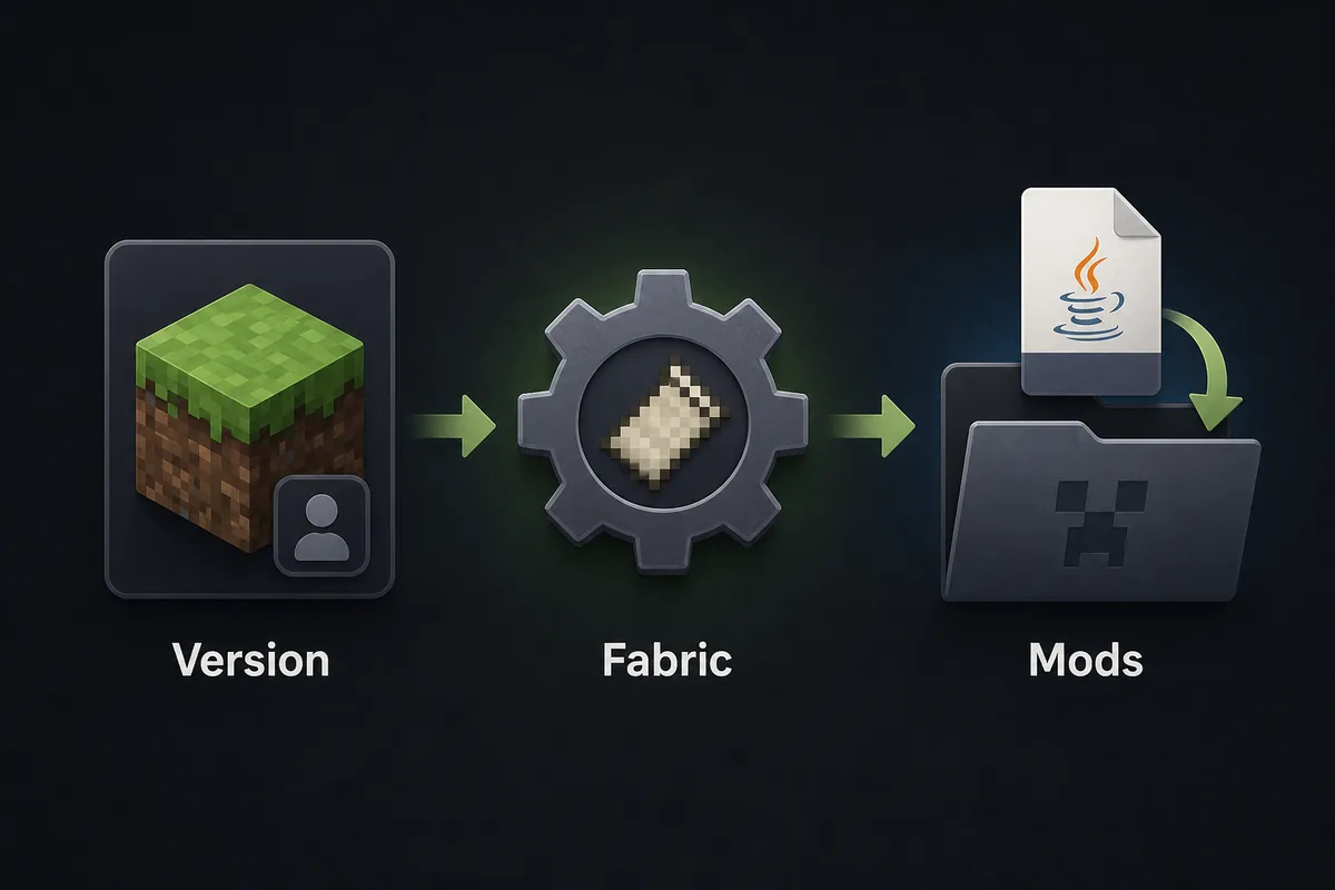 Editorial workflow showing version selection, Fabric Loader, and moving a SeedCrackerX JAR into a mods folder