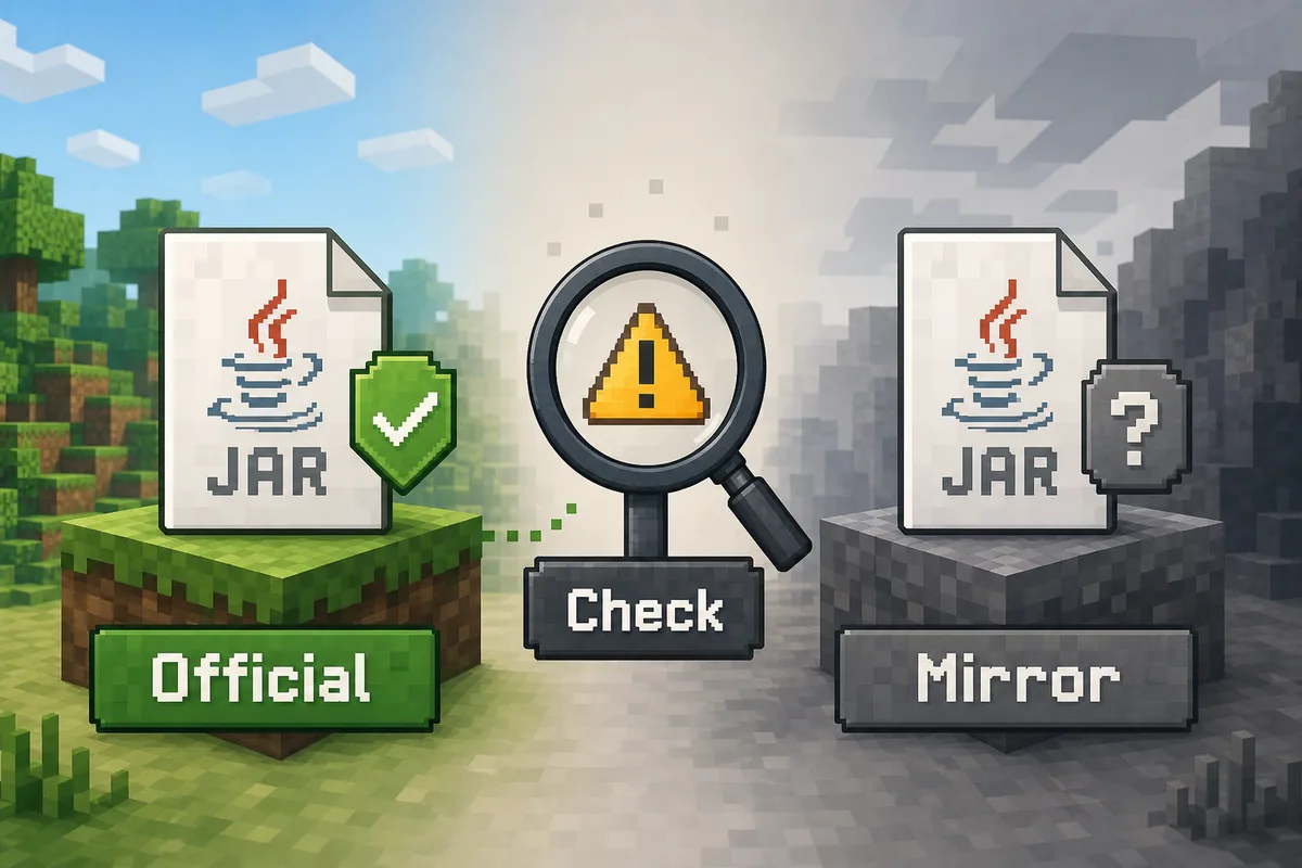Editorial diagram comparing an official SeedCrackerX JAR source with an unverified mirror